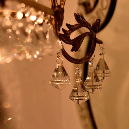 Vintage Italian Style Brass Enameled Chandelier with Faceted Diamond Crystal Drops